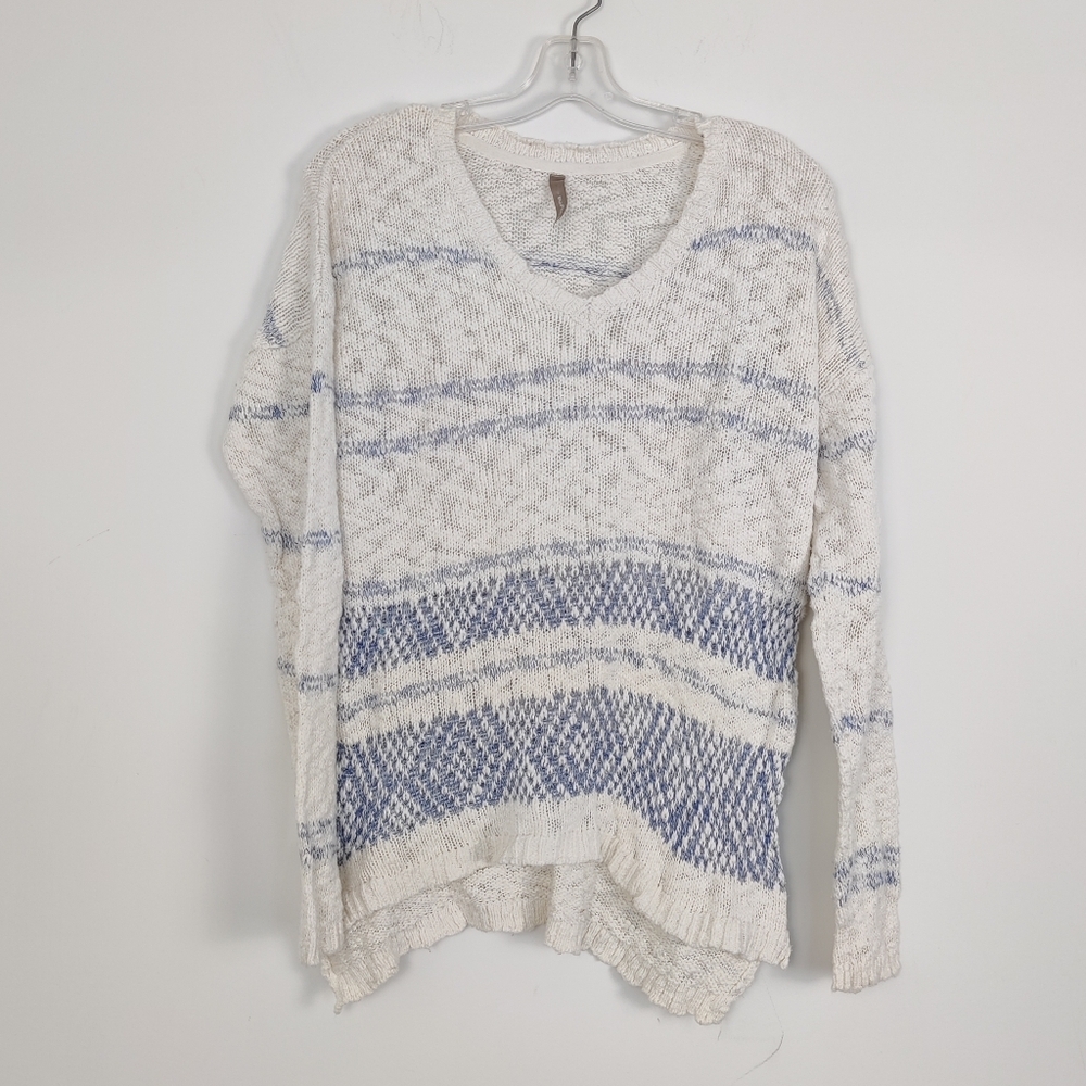 Thyme Medium Cozy Knit Sweater with White Blue Fair Isle Pattern Cotton Beach